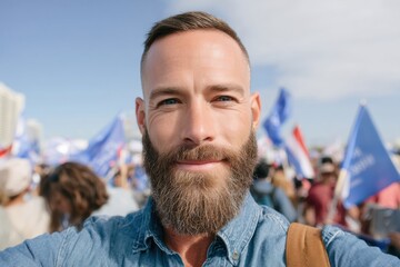 Fototapeta premium Patriotic Pride 2023 Veterans Dynamic Independence Day Selfie - Authentic Summer Celebration of Freedom, Community Resilience and National Spirit for Millennial Marketing