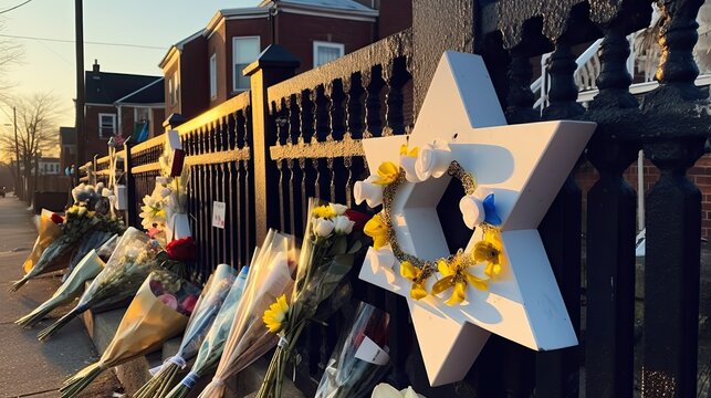 Memorial tributes adorn fence for victims of hate crime.
