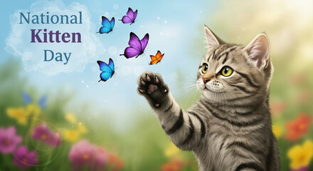 Cute Kitten Playing with Butterflies in Spring Field for National Kitten Day