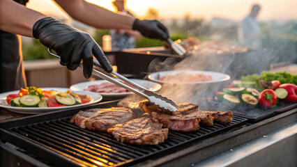 Steaks and vegetables are being grilled outdoors by people wearing black gloves and using tongs, with smoke rising in the warm light of a sunset or sunrise, accompanied by salad.