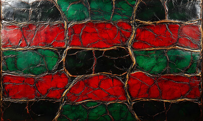 Abstract textured background featuring a mosaic of red, green, and black cracked leather.  Gold accents highlight the unique design.