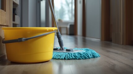 Cleaning supplies, mop and bucket, ready for use