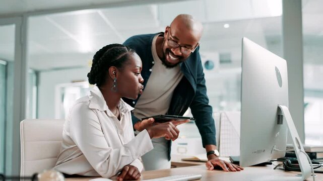 Call center, training and manager with advice, computer and help to identify opportunity for sales. Talking, black people and pointing at tech for telemarketing, team and trainee with smile in office