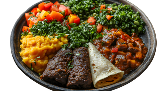 Ethiopian injera rolled with stews in teff flour base, rare style plating for flat lay, no shadow