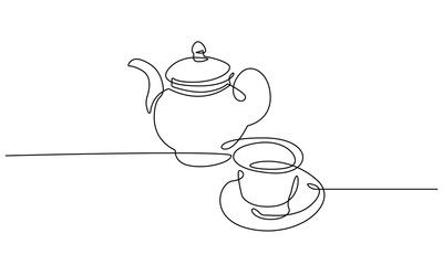 Teapot and Cup Continuous One Line Drawing. Tea Concept Line Art Style for Logo, Banner. Teapot Black and White Minimalist Vector illustration