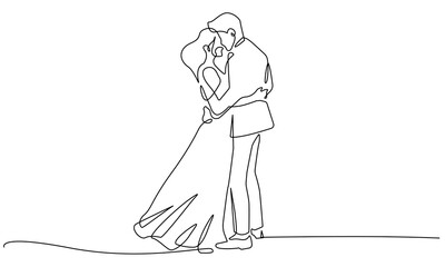 Wedding Couple Continuous One Line Drawing. Minimalistic Linear Illustration of Wedding Couple Hugs. One Line Vector Drawing for Modern Design.