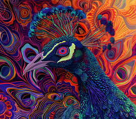 Fototapeta premium an abstract drawing of a peacock with colorful lines, precisionist lines, light red and indigo, colorful turbulence with mixed pattern colorful background