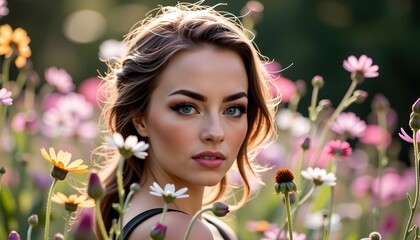 Naklejka premium Macro portrait of a goddess blending into wildflowers