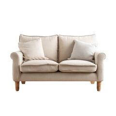 Fototapeta premium Elegant beige sofa with wooden legs and soft cushions for living room on transparent background home