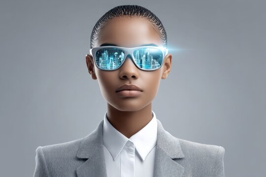 A futuristic leader in a smart city presenting bold strategies with holograms, eyes full of confident fire