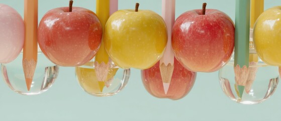Minimalist Back-to-School Creativity Crystal Glass Apples on Prismatic Pencils - Innovative Learning Aesthetic for Gen Z Educational Design