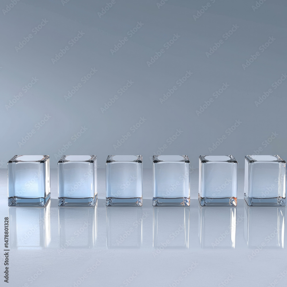 Aufkleber Clear glass rectangular cubes arranged in row on reflective surface, minimalist and modern style