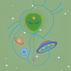Abstract color illustration of aliens. the space plate, the face, the crystals and the planet are connected by a line. Blurred image