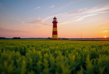 lighthouse in green field at sunset with orange sky