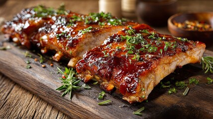 Delicious BBQ Ribs on Rustic Wooden Board Garnished with Fresh Herbs