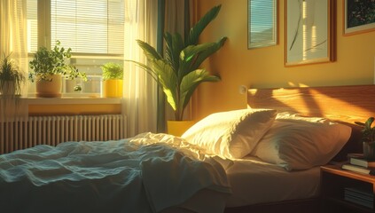 Sunlight streams into a cozy bedroom, illuminating a bed with soft linens and potted plants