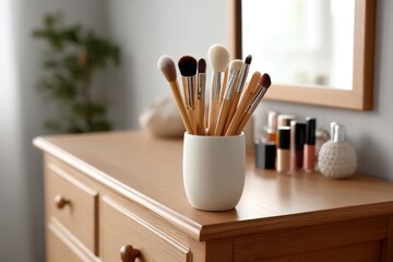 Makeup brushes and cosmetics on modern vanity table in natural light

