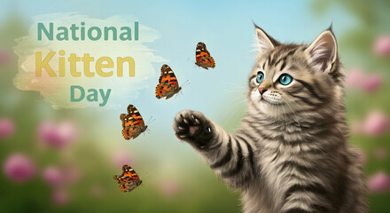 Cute Kitten Playing with Butterflies in Spring Field for National Kitten Day