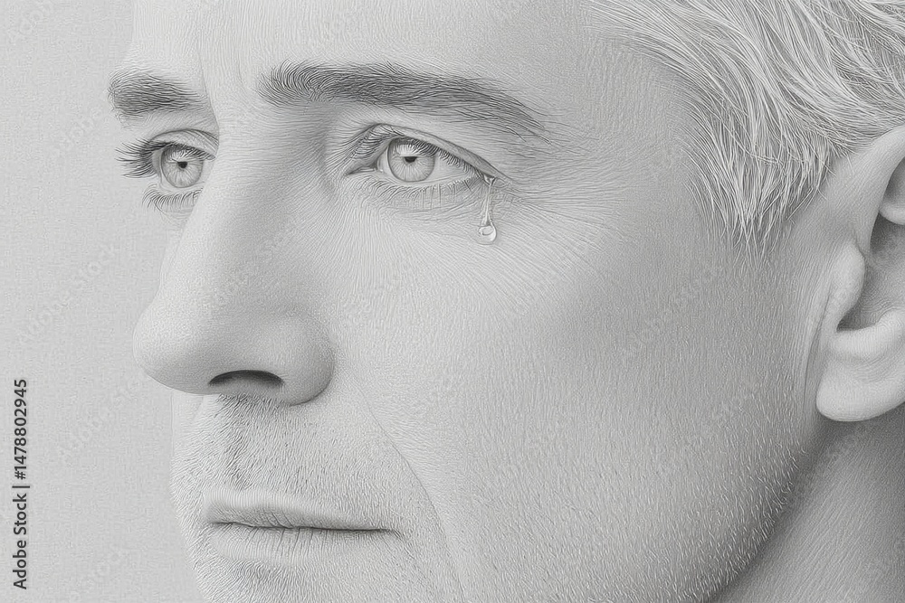 Poster hyper-realistic close-up of a person face with a tear rolling down and intense emotional tension
