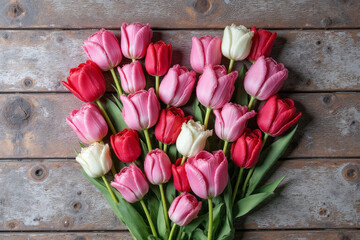 pink and white tulips arranged in a heart shape on a wooden table