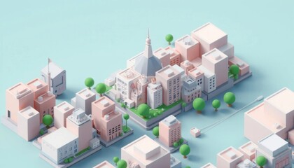Whimsical Isometric Cityscape: A Miniature Metropolis in Pastel Shades, Featuring Geometric Structures and Lush Green Spherical Trees