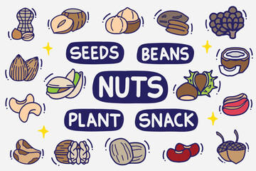 set of nuts doodle with color good for background, wallpaper, element design, icon, sticker, etc