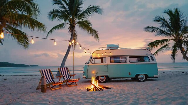 Full shot loop, Vintage camper with fairy lights chairs, With flickering flames in the campfire and tropical sea beach with palm trees in the sunset background, Relaxing travel concept