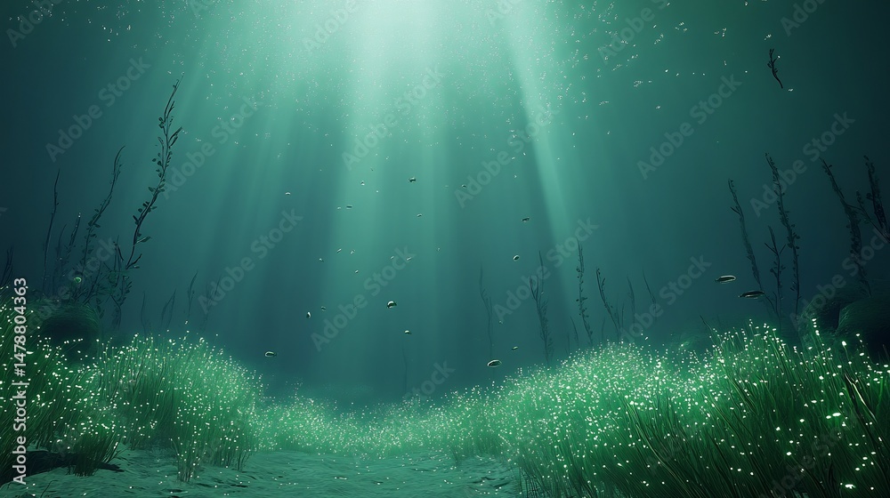 Poster deep sea biome with bioluminescent creatures swimming through the dark ocean their bodies emitting v