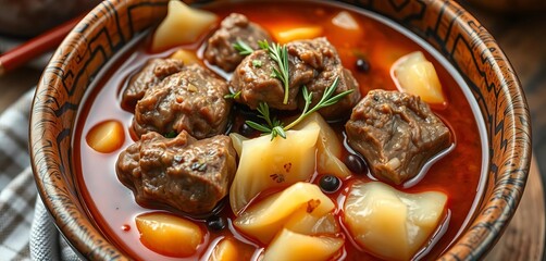 Tender lamb, cabbage, and peppercorns in a hearty Norwegian Farikal stew, served in a rustic bowl,  bowl, comfort food