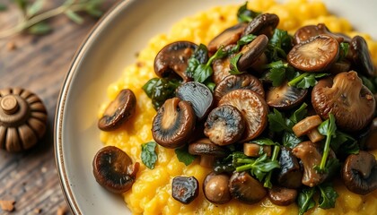 Fototapeta premium Tender foraged mushrooms & greens sauteed in garlic butter, served over creamy polenta, homemade, earthy