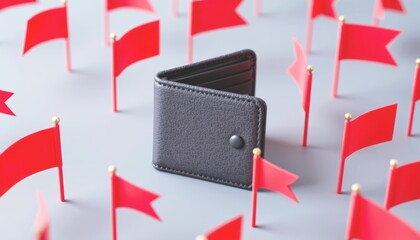 Wallet surrounded by red flags on a gray background.