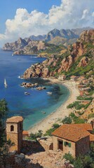 Coastal Village Painting of Calanque de Sugiton Cove, France, with Boats and Sailboats from High Angle View