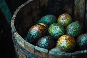 A rustic wooden barrel overflowing with ripe, dark-green avocados, ready for harvest.