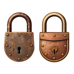  Two vintage padlocks, one weathered with rust and the other gleaming with aged brass, stand as silent guardians of forgotten secrets and precious memories.
