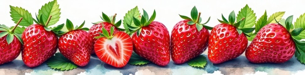 Luscious red strawberries, green leaves, watercolor wash , juicy, berry