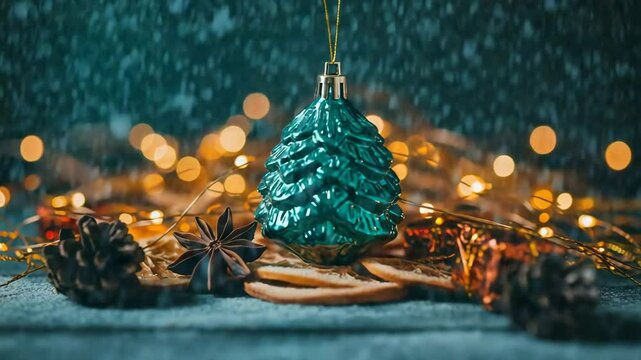 Christmas ornament in shape of pine tree surrounded by festive decor  