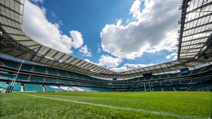 An empty green rugby stadium with prominent white field markings and goalposts is seen beneath a bright blue sky with scattered white clouds, highlighting its modern architecture.