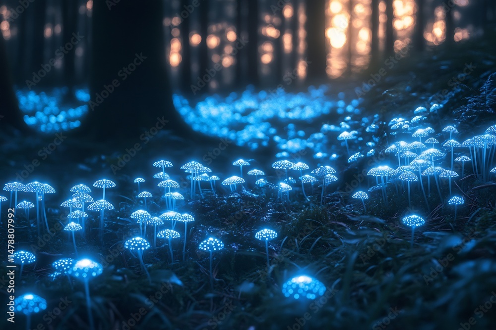 Poster forest filled with glowing bioluminescent mushrooms casting soft light across the forest floor in a 