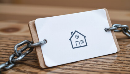 Mortgage sign attached to a chain on a wooden background.