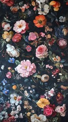 Fototapeta premium Vibrant floral pattern with various colorful flowers on a dark background.