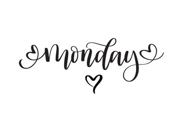 Monday hand-written script with hearts. Days of the week for stories, posts, scrapbooking and wall art. Journalling and planners. Vector design