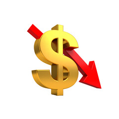 Fototapeta premium golden dollar sign with red downward arrow symbolizes financial decline and economic downturn, conveying sense of loss and caution in investments