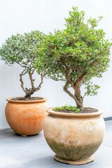 Two potted bonsai trees in terracotta planters against a white wall, eye-level shot, natural light, minimalist aesthetic, indoor garden