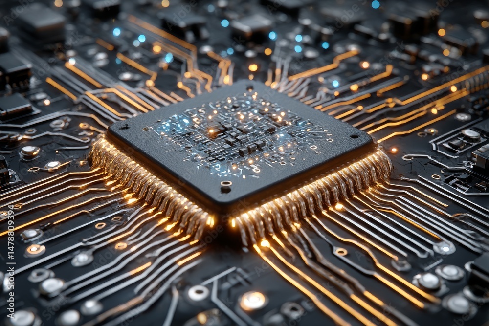 Poster advanced microchip: a detailed close-up of a modern cpu with glowing circuits, showcasing the intric