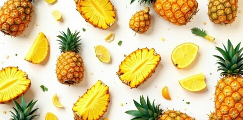 Whole pineapples & slices, white seamless repeat , white, whole
