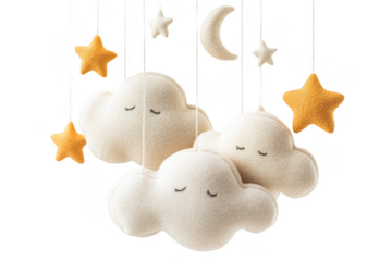 Dreamy cloud mobile decor for nursery cozy bedroom soft fabrics whimsical atmosphere aerial view comforting concept
