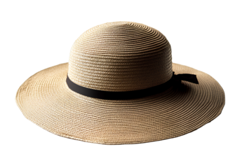 Straw sun hat, beige sundress-style summer cap with sun protection, isolated on transparent background, cutout PNG file 