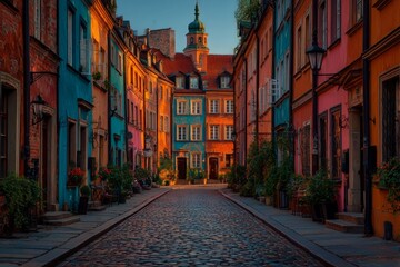 Fototapeta premium Colorful Warsaw Streetscape: A Vibrant Cobblestone Lane in the Old Town at Dusk