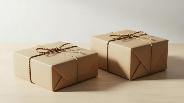 Two wrapped gift boxes tied with twine on a wooden surface  
