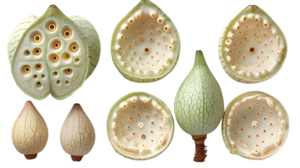Lotus seed pod with seeds extracted and displayed beside, top-down transparent PNG